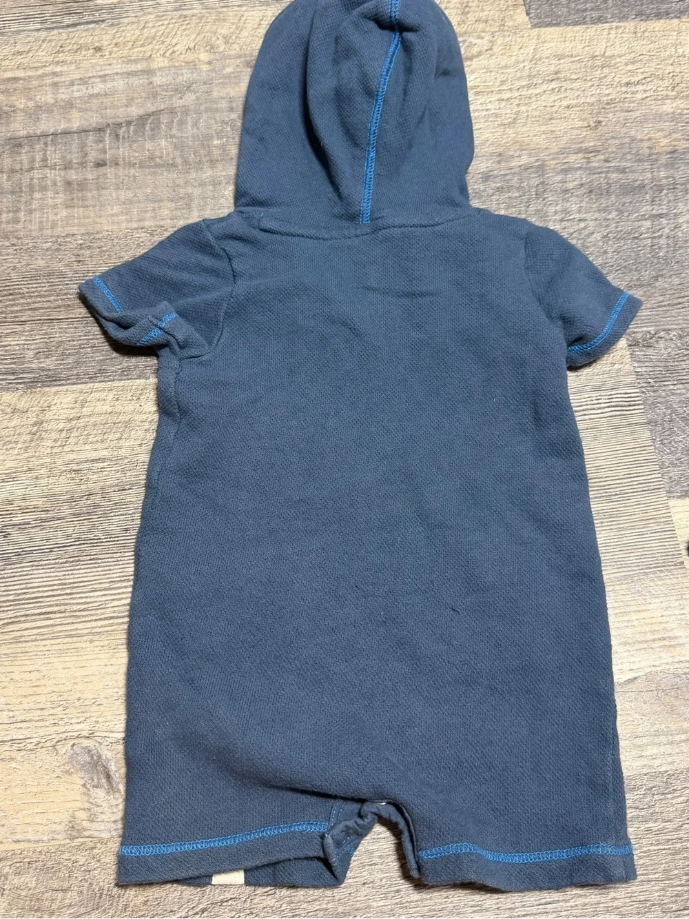 Burt’s Bees Baby Hooded Romper Navy Short Sleeve Organic Cotton 12M EUC